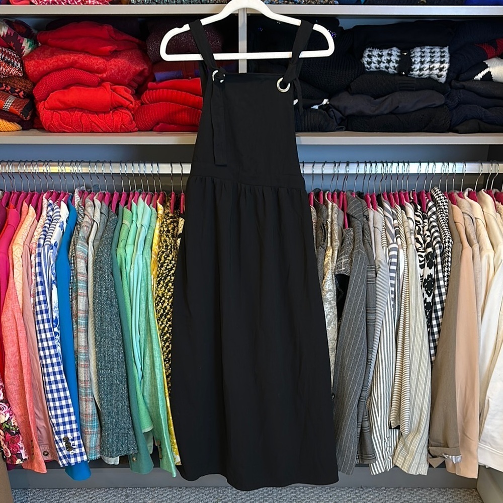 Unbranded black tie front elastic waistband midi overall dress size S